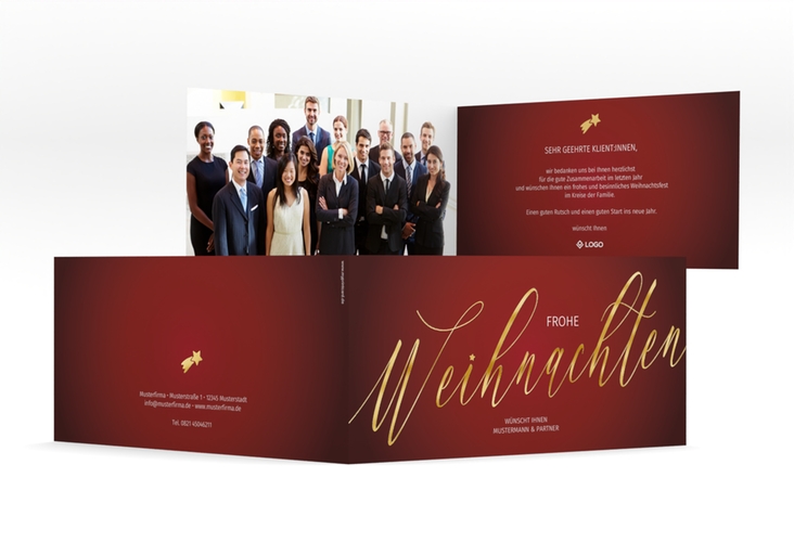 Geschäftliche Weihnachtskarte Schriftzug lange Klappkarte quer rot gold mit Hirsch mit Schal