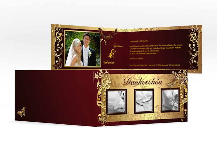Dankeskarte Hochzeit Toulouse lange Klappkarte quer rot gold