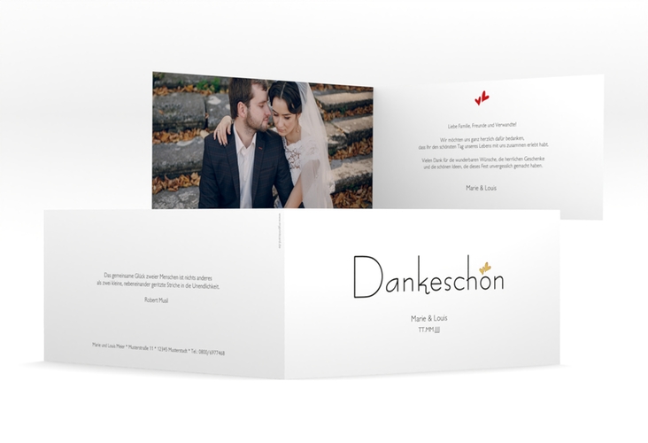 Dankeskarte Hochzeit Twohearts lange Klappkarte quer rot gold