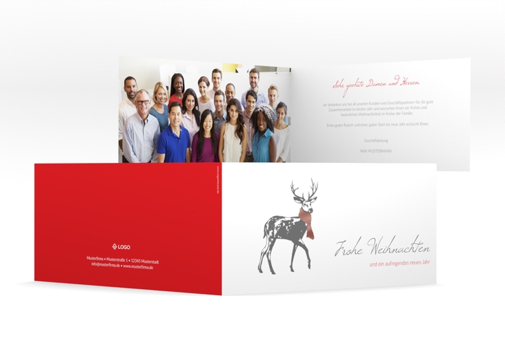 Geschäftliche Weihnachtskarte Hirsch lange Klappkarte quer rot rosegold mit Hirsch mit Schal