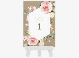 Klick: Details zu Tischnummer Hochzeit "Graceful" anzeigen Tischnummer Hochzeit Graceful Tischaufsteller Kraftpapier mit Rosenblüten in Rosa und Weiß