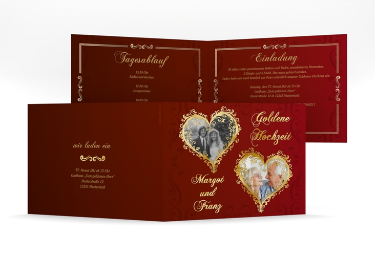 Hochzeitseinladung Goldene Hochzeit mittlere Klappkarte quer rot gold