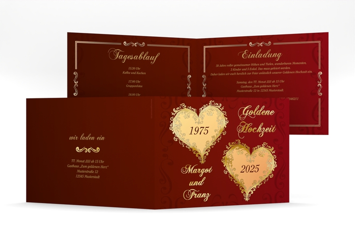 Hochzeitseinladung Goldene Hochzeit mittlere Klappkarte quer rot gold
