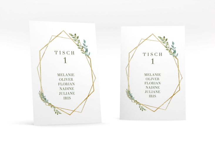 Tischaufsteller Hochzeit Herbarium Tischaufsteller grau gold mit geometrischem Rahmen und Blätter-Dekor