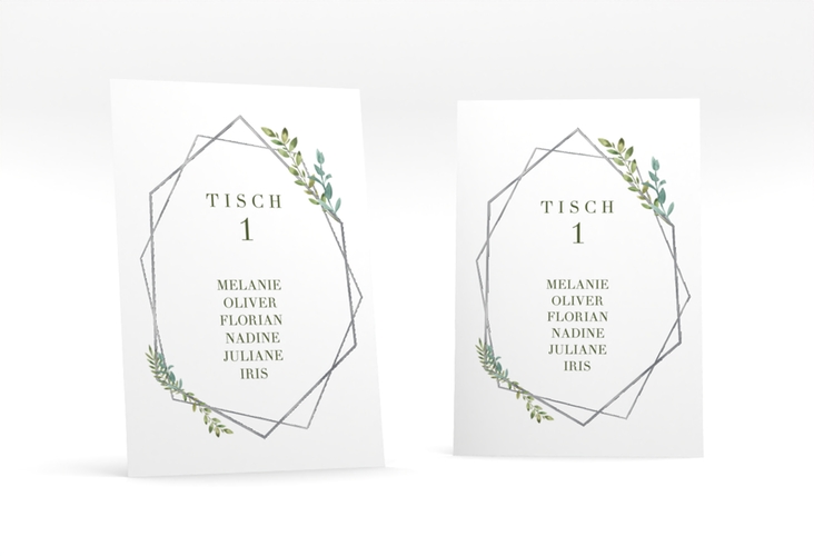 Tischaufsteller Hochzeit Herbarium Tischaufsteller grau silber mit geometrischem Rahmen und Blätter-Dekor
