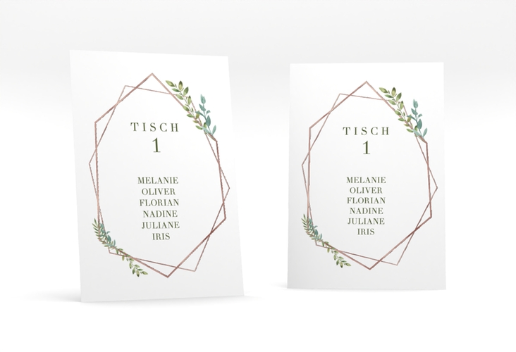 Tischaufsteller Hochzeit Herbarium Tischaufsteller grau rosegold mit geometrischem Rahmen und Blätter-Dekor