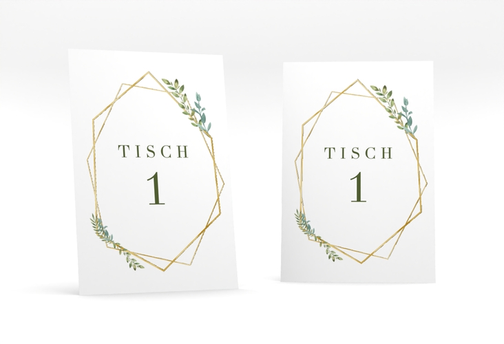 Tischnummer Hochzeit Herbarium Tischaufsteller gold gold mit geometrischem Rahmen und Blätter-Dekor