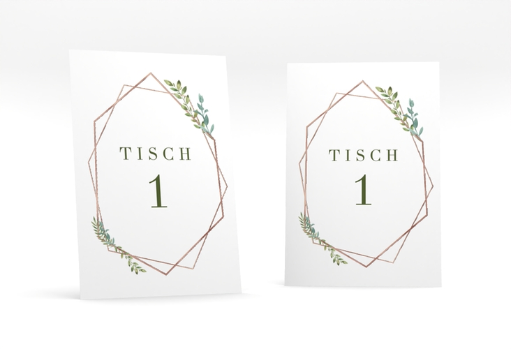 Tischnummer Hochzeit Herbarium Tischaufsteller gold rosegold mit geometrischem Rahmen und Blätter-Dekor