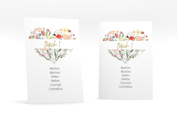 Tischaufsteller Hochzeit Wildblumenherz Tischaufsteller bunt gold