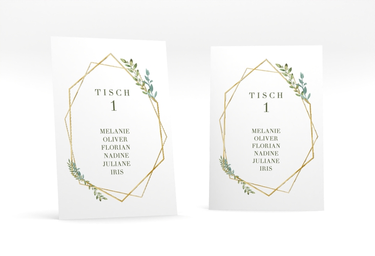 Tischaufsteller Hochzeit Herbarium Tischaufsteller gold gold mit geometrischem Rahmen und Blätter-Dekor