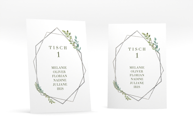 Tischaufsteller Hochzeit Herbarium Tischaufsteller gold silber mit geometrischem Rahmen und Blätter-Dekor