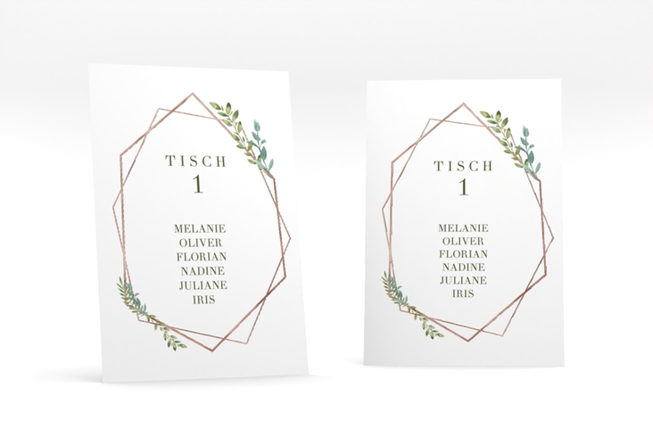 Tischaufsteller Hochzeit Herbarium Tischaufsteller gold rosegold mit geometrischem Rahmen und Blätter-Dekor