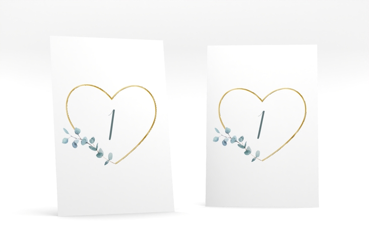 Tischnummer Hochzeit Greenheart Tischaufsteller gold gold mit elegantem Herz und Eukalyptus-Zweig