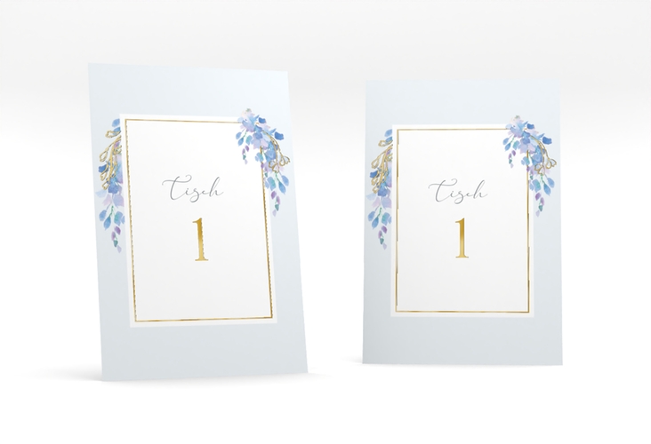 Tischnummer Hochzeit Blauregen Tischaufsteller blau gold mit Wisteria-Blüten