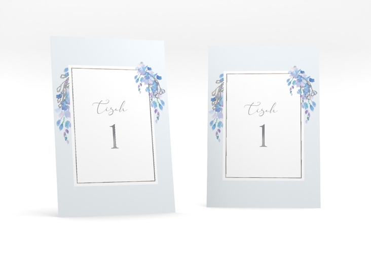 Tischnummer Hochzeit Blauregen Tischaufsteller blau silber mit Wisteria-Blüten