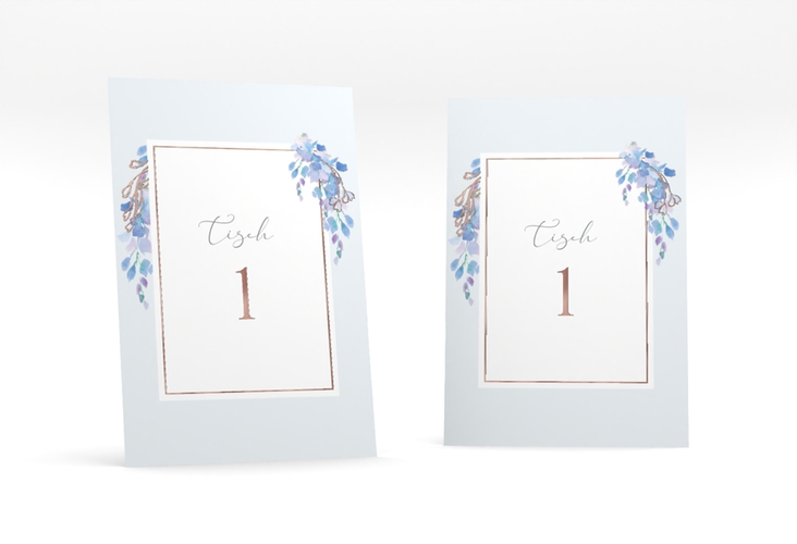 Tischnummer Hochzeit Blauregen Tischaufsteller blau rosegold mit Wisteria-Blüten
