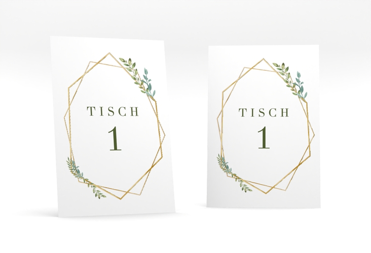 Tischnummer Hochzeit Herbarium Tischaufsteller rosa gold mit geometrischem Rahmen und Blätter-Dekor