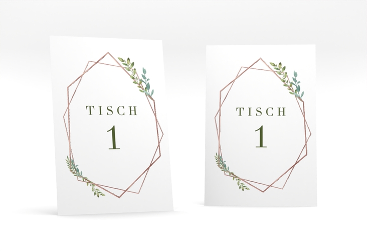 Tischnummer Hochzeit Herbarium Tischaufsteller rosa rosegold mit geometrischem Rahmen und Blätter-Dekor
