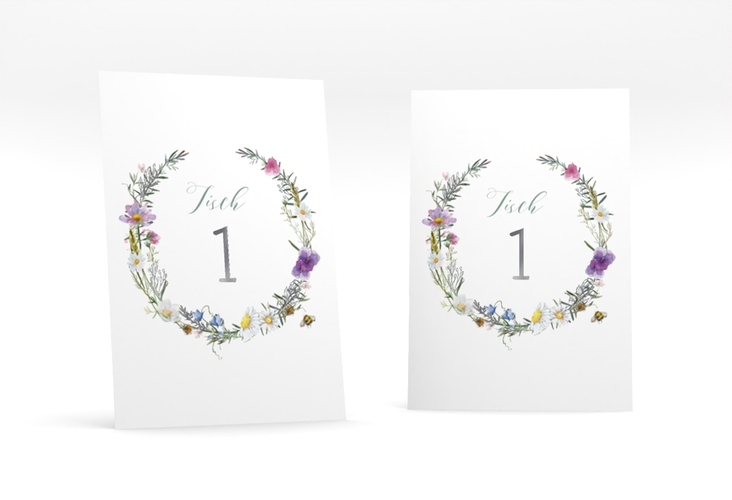 Tischnummer Hochzeit Blumengarten Tischaufsteller bunt silber mit Blumenkranz und Hummel