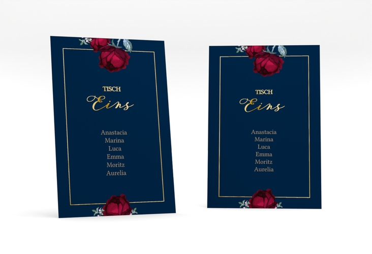 Tischaufsteller Hochzeit Peonies Tischaufsteller blau gold elegant mit Pfingstrosen