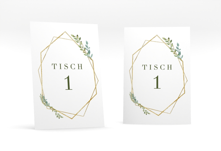 Tischnummer Hochzeit Herbarium Tischaufsteller grau gold mit geometrischem Rahmen und Blätter-Dekor