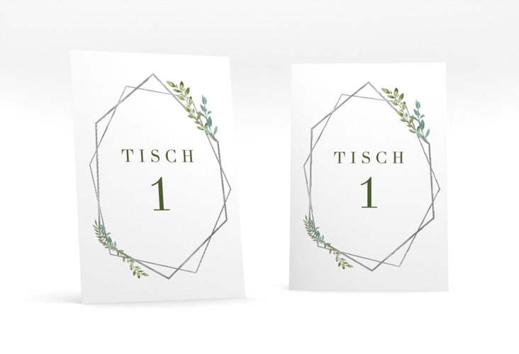 Tischnummer Hochzeit Herbarium Tischaufsteller grau silber mit geometrischem Rahmen und Blätter-Dekor