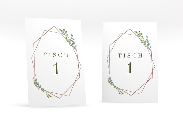 Tischnummer Hochzeit Herbarium Tischaufsteller grau rosegold mit geometrischem Rahmen und Blätter-Dekor