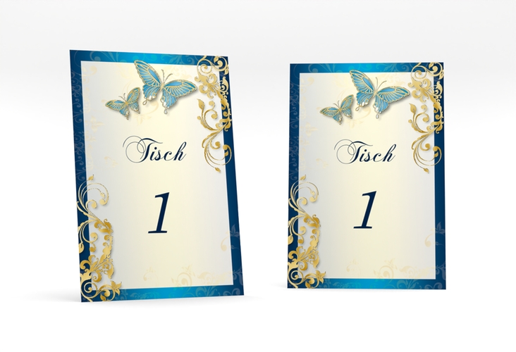 Tischnummer Hochzeit Toulouse Tischaufsteller blau gold
