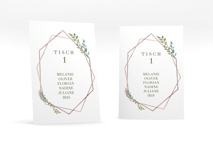 Tischaufsteller Hochzeit Herbarium Tischaufsteller rosa rosegold mit geometrischem Rahmen und Blätter-Dekor