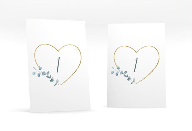Tischnummer Hochzeit Greenheart Tischaufsteller grau gold mit elegantem Herz und Eukalyptus-Zweig