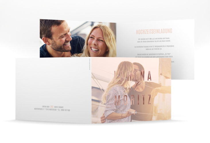 Hochzeitseinladung Memory mittlere Klappkarte quer rosa rosegold