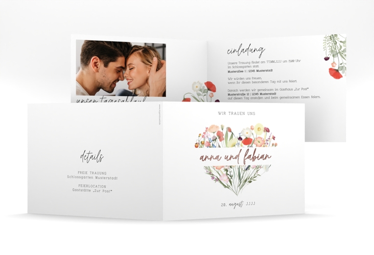 Hochzeitseinladung Wildblumenherz mittlere Klappkarte quer bunt rosegold