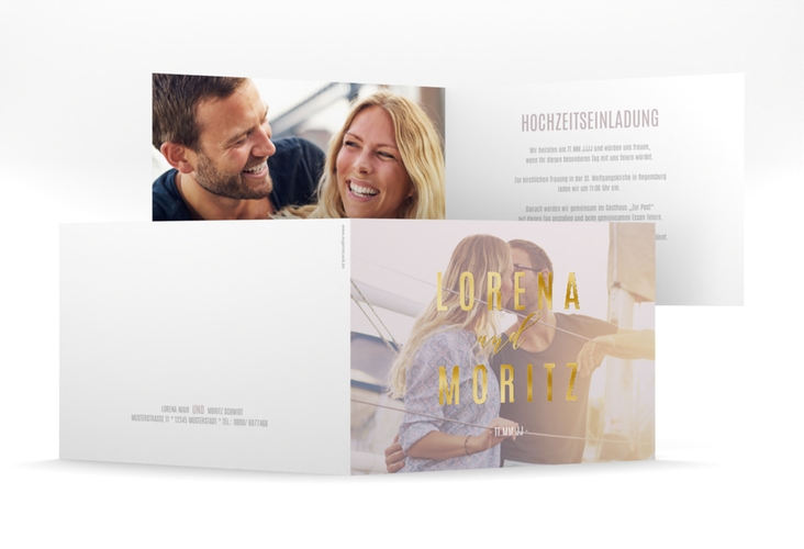 Hochzeitseinladung Memory mittlere Klappkarte quer grau gold