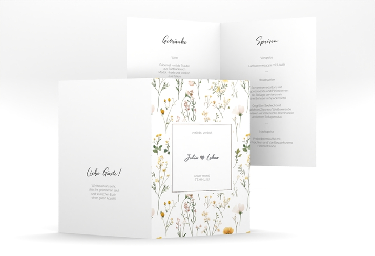 Menükarte Hochzeit Blumenwiese A5 Klappkarte hoch bunt silber
