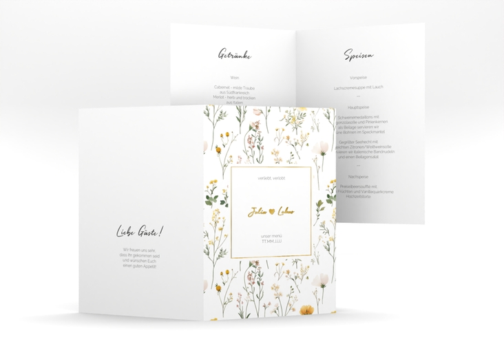 Menükarte Hochzeit Blumenwiese A5 Klappkarte hoch bunt gold