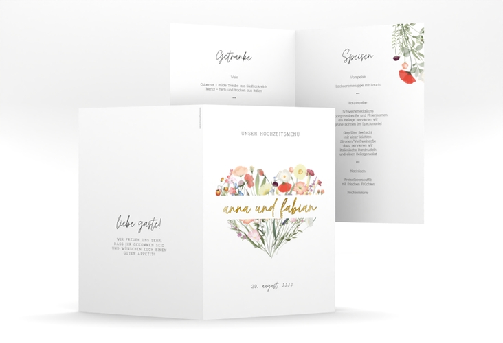 Menükarte Hochzeit Wildblumenherz A5 Klappkarte hoch bunt gold