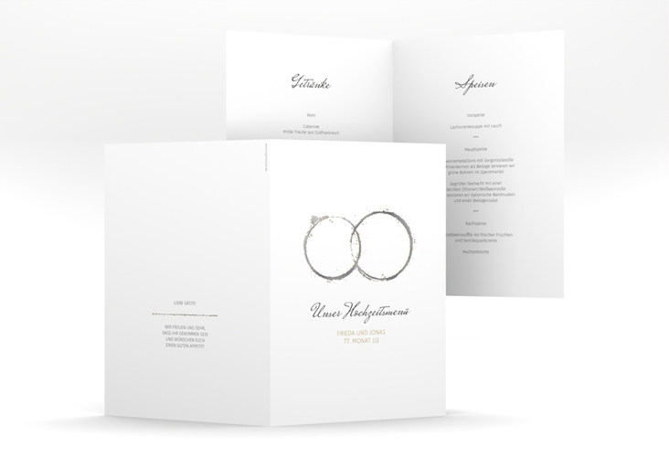 Menükarte Hochzeit Trauringe A5 Klappkarte hoch gold silber minimalistisch gestaltet mit zwei Eheringen