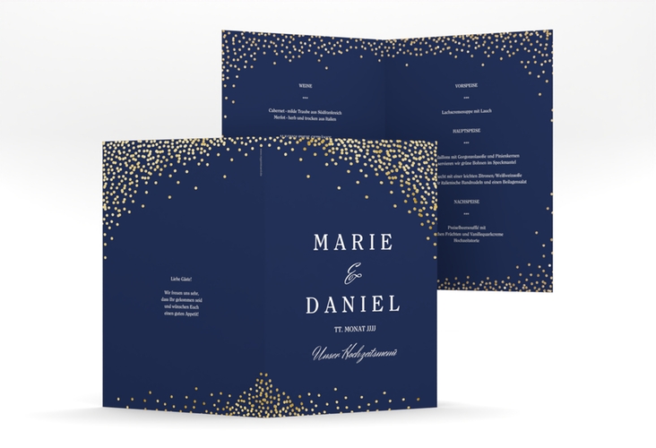 Menükarte Hochzeit Glitter A5 Klappkarte hoch blau gold