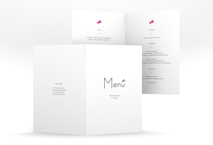 Menükarte Hochzeit Twohearts A5 Klappkarte hoch pink silber