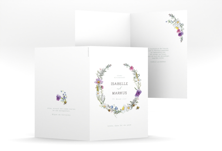 Kirchenheft Hochzeit Blumengarten A5 Klappkarte hoch bunt silber mit Blumenkranz und Hummel