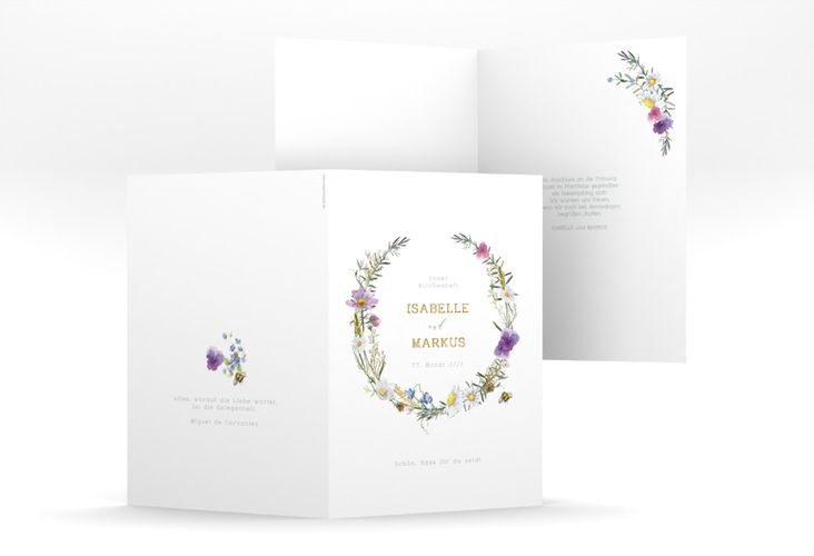 Kirchenheft Hochzeit Blumengarten A5 Klappkarte hoch bunt gold mit Blumenkranz und Hummel