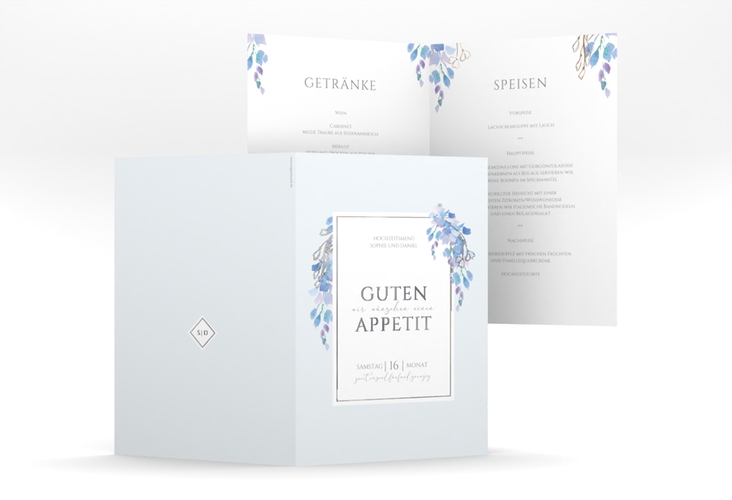Menükarte Hochzeit Blauregen A5 Klappkarte hoch blau silber mit Wisteria-Blüten