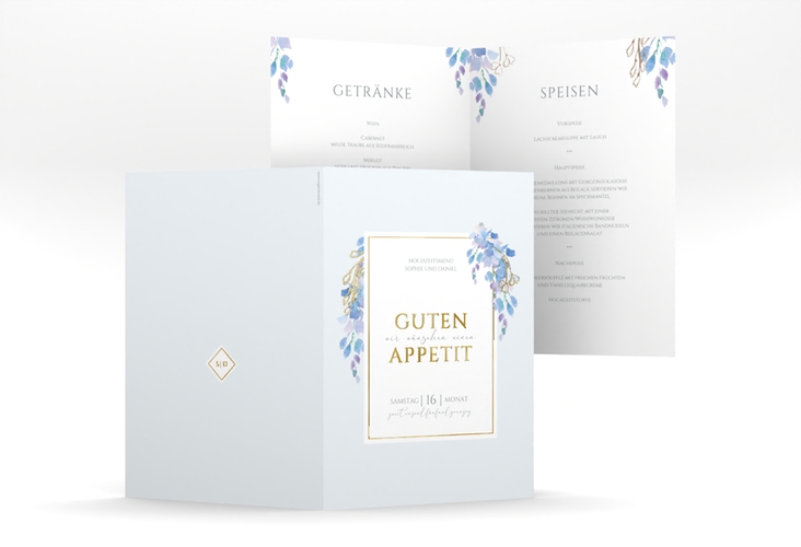 Menükarte Hochzeit Blauregen A5 Klappkarte hoch blau gold mit Wisteria-Blüten