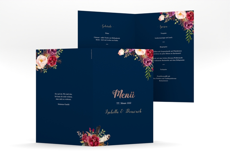Menükarte Hochzeit Flowers A5 Klappkarte hoch blau rosegold mit bunten Aquarell-Blumen
