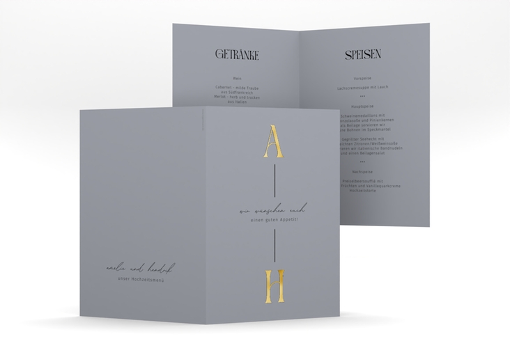 Menükarte Hochzeit Lebensbund A5 Klappkarte hoch blau gold mit veredelbaren Initialen