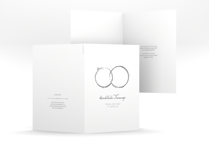 Kirchenheft Hochzeit Trauringe A5 Klappkarte hoch grau silber minimalistisch gestaltet mit zwei Eheringen