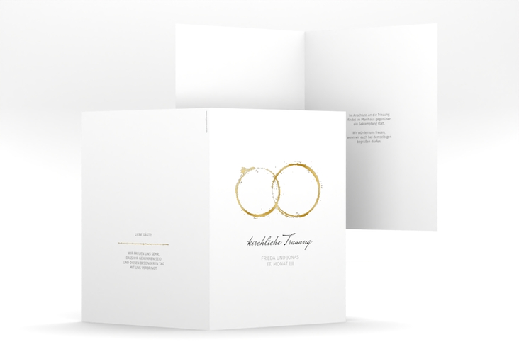 Kirchenheft Hochzeit Trauringe A5 Klappkarte hoch grau gold minimalistisch gestaltet mit zwei Eheringen