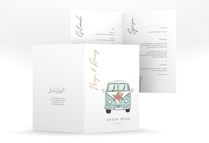 Menükarte Hochzeit Hochzeitsbulli A5 Klappkarte hoch blau gold