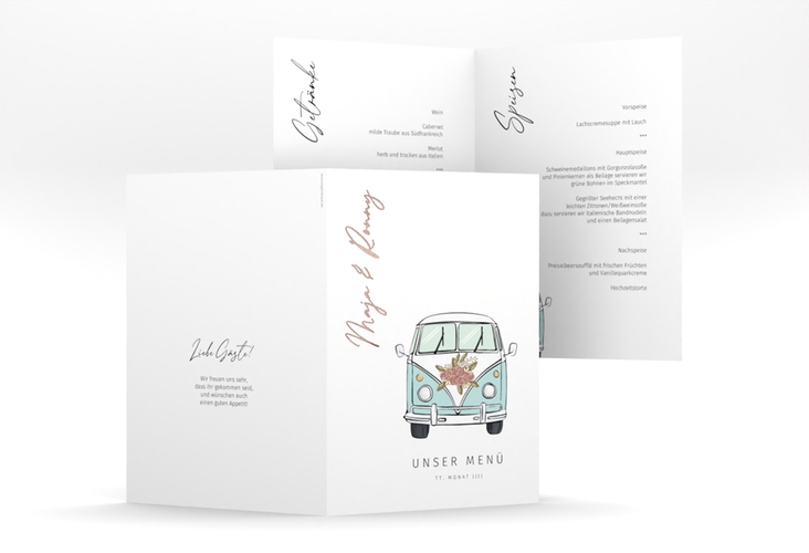 Menükarte Hochzeit Hochzeitsbulli A5 Klappkarte hoch blau rosegold
