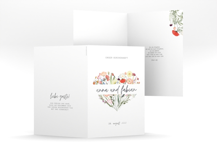 Kirchenheft Hochzeit Wildblumenherz A5 Klappkarte hoch bunt silber